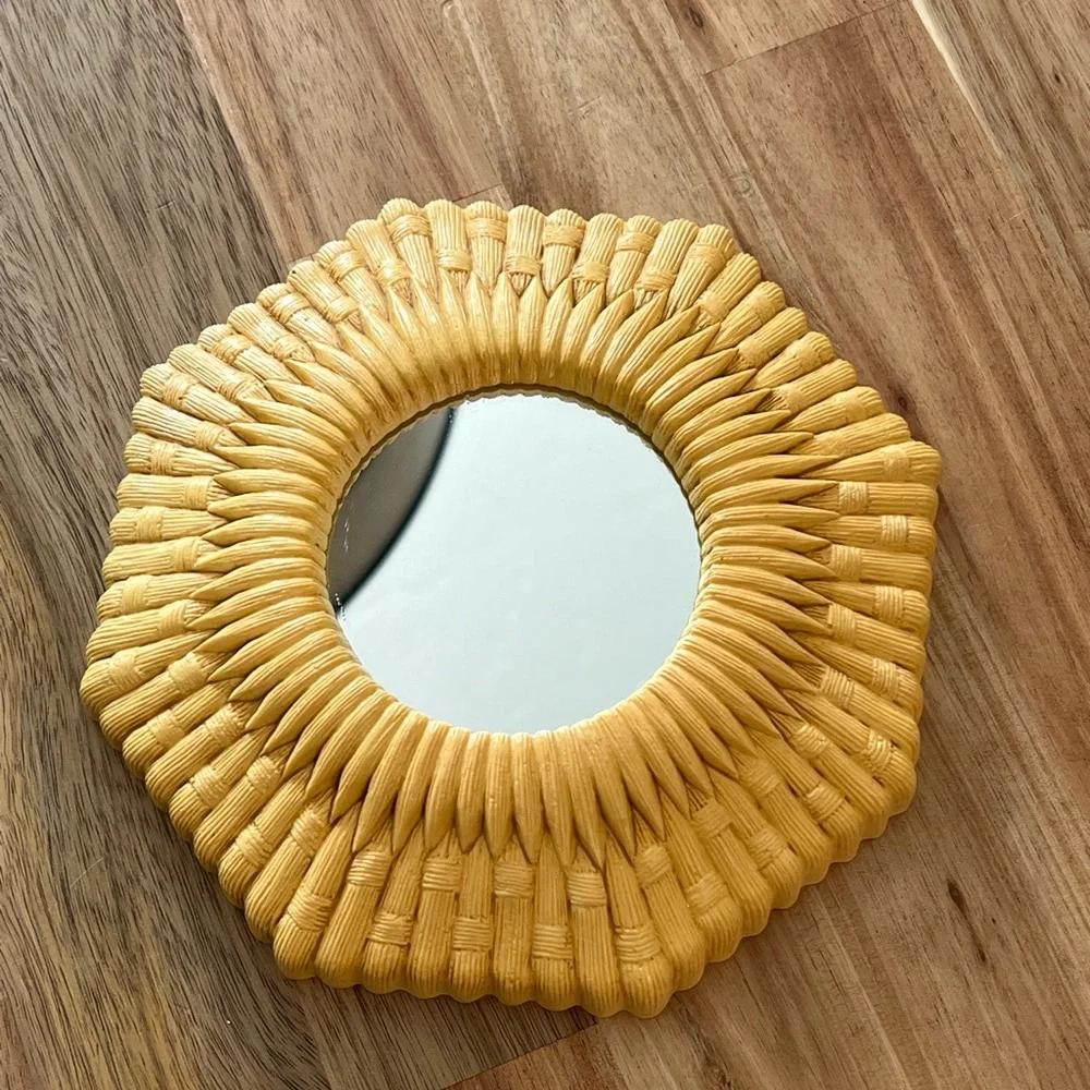 Yellow Faux Wicker Vintage Yellow Mirror Boho Wall Decor